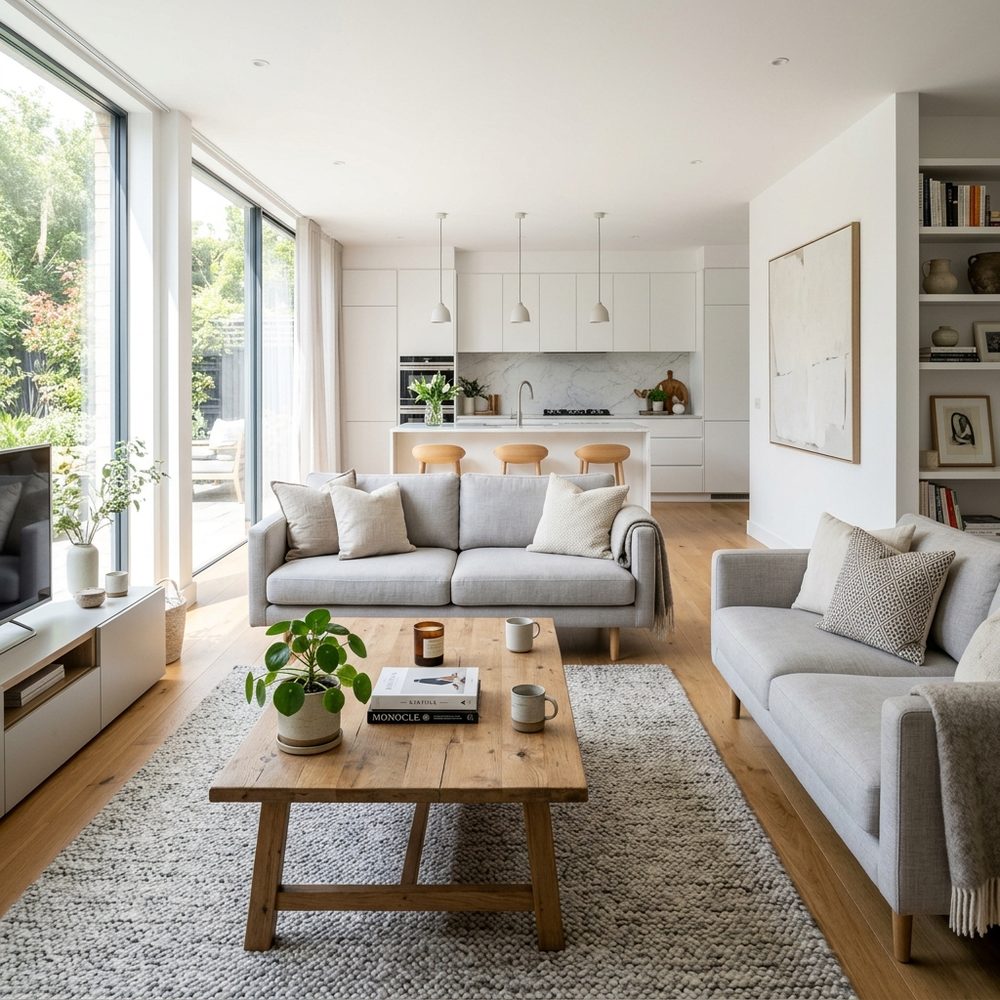 A bright, freshly cleaned open-plan living room and kitchen